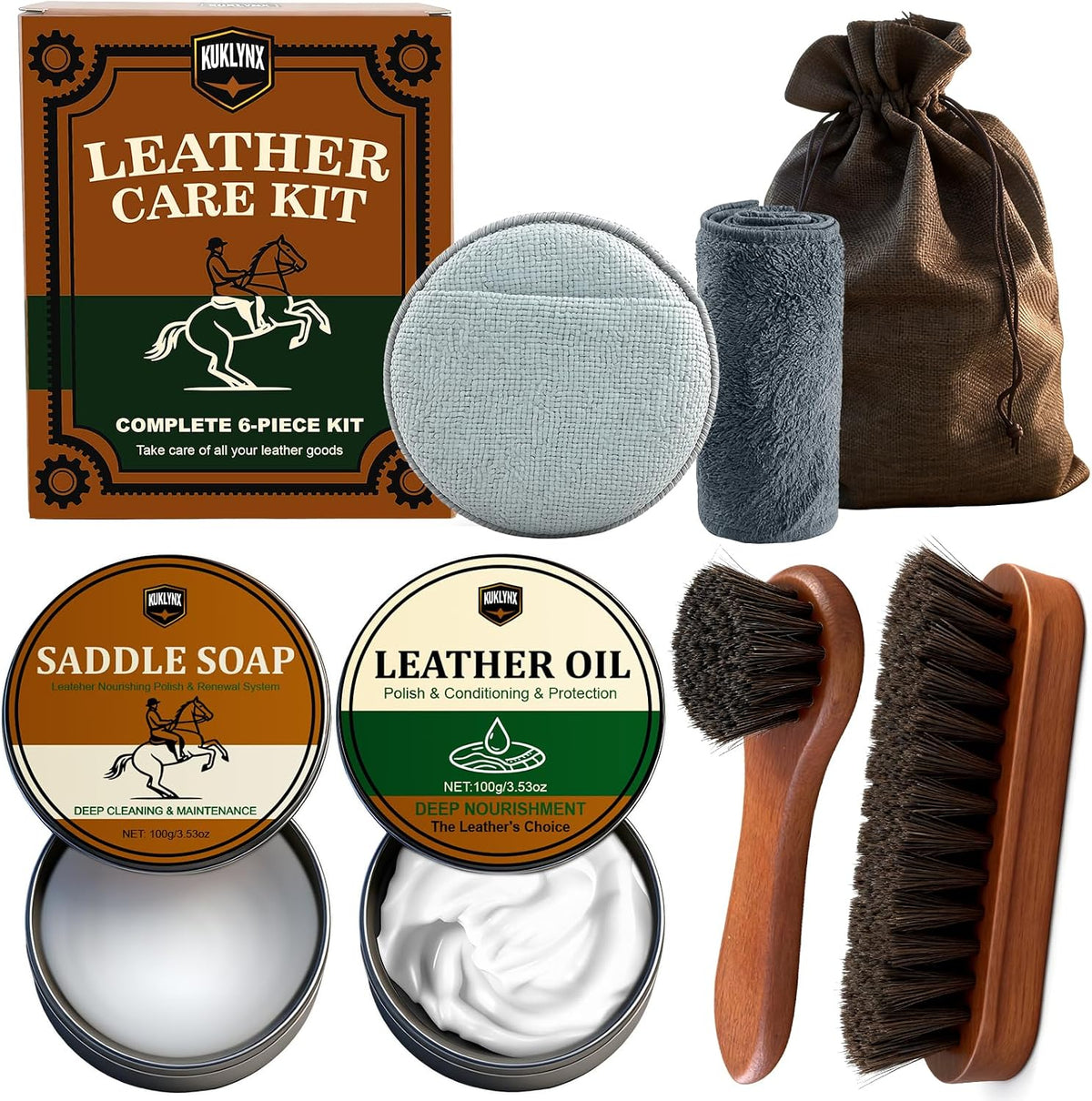 Leather Care Kit – Includes 3.52oz Saddle Soap, 3.52oz Leather Oil, 2 Horsehair Brushes, Cloth & Sponge – Complete Leather Cleaning, Polishing & Conditioning Set – Perfect Gift for Men & Women
