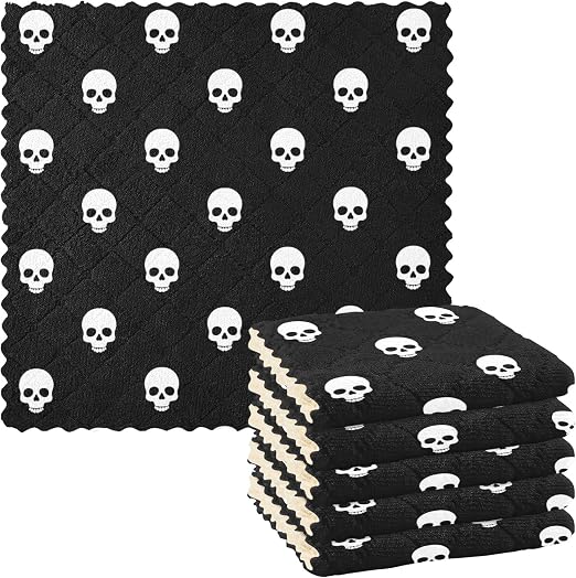 CaTaKu Black Dead Skull Kitchen Dish Cloths, Reusable Dish Rags for Washing Dishes, Microfiber Cleaning Cloths Dish Towe