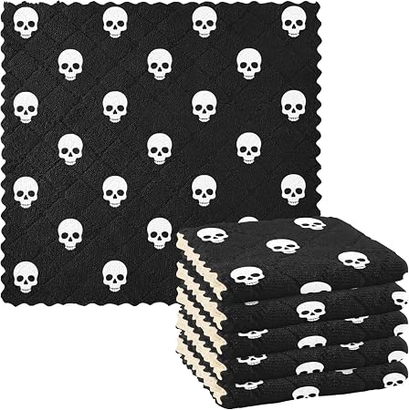 CaTaKu Black Dead Skull Kitchen Dish Cloths, Reusable Dish Rags for Washing Dishes, Microfiber Cleaning Cloths Dish Towe