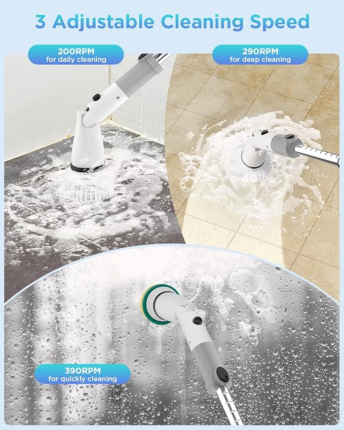 Electric Spin Scrubber, Cordless Power Brush Floor Scrubber with Adjustable Extension Arm and 4 Replaceable Bathroom Cleaning Brush Heads, Ideal for Tub, Tile, and Floor Cleaning