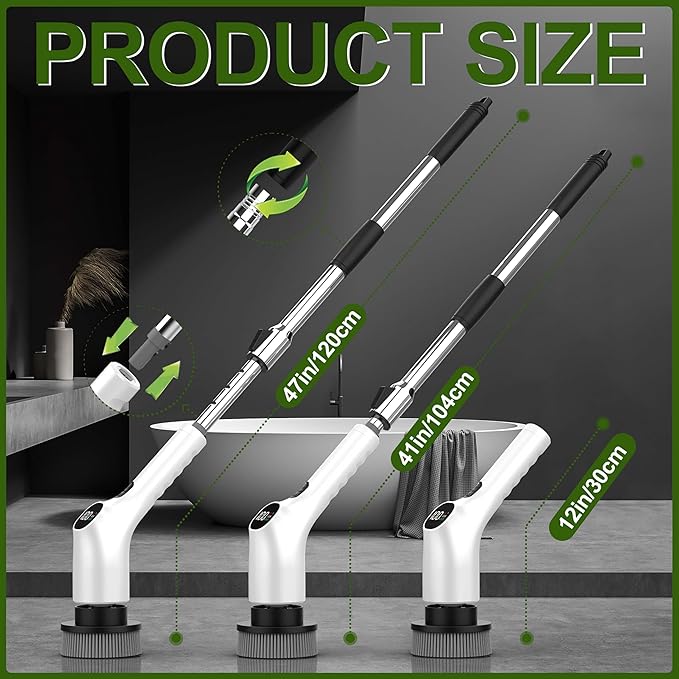 Electric Spin Scrubber, Shower Scrubber with Long Handle Adjustable LCD Display, 2 Speed Shower Cleaner, 7 Replaceable Brush Heads Bathroom Cleaning Brush, Bath Tub Power Scrubbers White G3