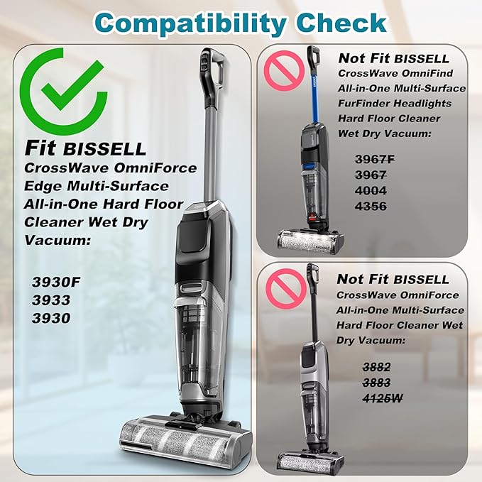 3930F 3933 3930 Brush Roll Filter Replacement Kit for Bissell CrossWave OmniForce Edge Cordless Multi-Surface Hard Floor Cleaner Wet Dry Vacuum, 3 HEPA Filters, 3 ZeroGap Brush Roll, 1640897, 1640066