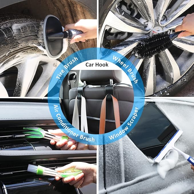 35Pcs Car Wash Detailing Kit Cleaning Kits with Foam Gun Sprayer Collapsible Bucket Brush Large Wash Mitt Towels Complete Interior Exterior Car Washing Supply Set Black