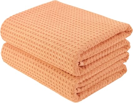 POLYTE Microfiber Oversize Quick Dry Lint Free Bath Towel, 60 x 30 in, Set of 2 (Orange, Waffle Weave)