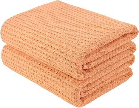 POLYTE Microfiber Oversize Quick Dry Lint Free Bath Towel, 60 x 30 in, Set of 2 (Orange, Waffle Weave)