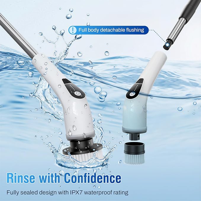 Electric Spin Scrubber, Cordless Cleaning Brush with 8 Replaceable Heads, Five-Speed Power Scrubber with Adjustable Handle for Bathroom, Tub, Floor, Tile & Car – Clean Without Bending