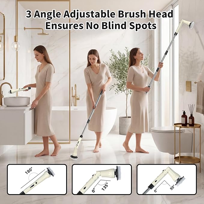 Electric Spin Scrubber, Hillyfe Bath Scrubber for Cleaning with 7 Replaceable Brush Heads, IPX7 Waterproof,300/400 RPM, 3 Adjustable Size,Cordless Shower Cleaner Brush for Bathroom Floor,Beige
