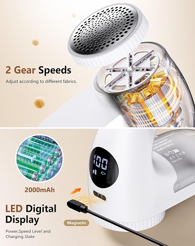 PKBD IPX6 Waterproof Washable Electric Fabric Shaver and Lint Remover, Rechargeable Sweater Defuzzer with 3 Free Extra Blades, Quickly and Effectively Remove Fluff, Fuzz, Bobbles for Clothes, White