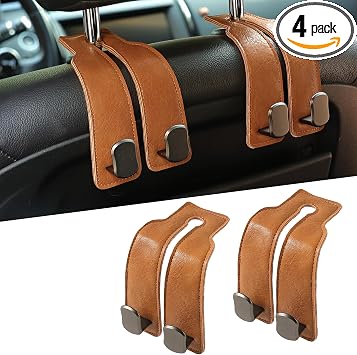 KINIVA Car Seat Headrest Storage Hooks, Set of 2, Suede PU Leather, Double Hooks (06-Brown)