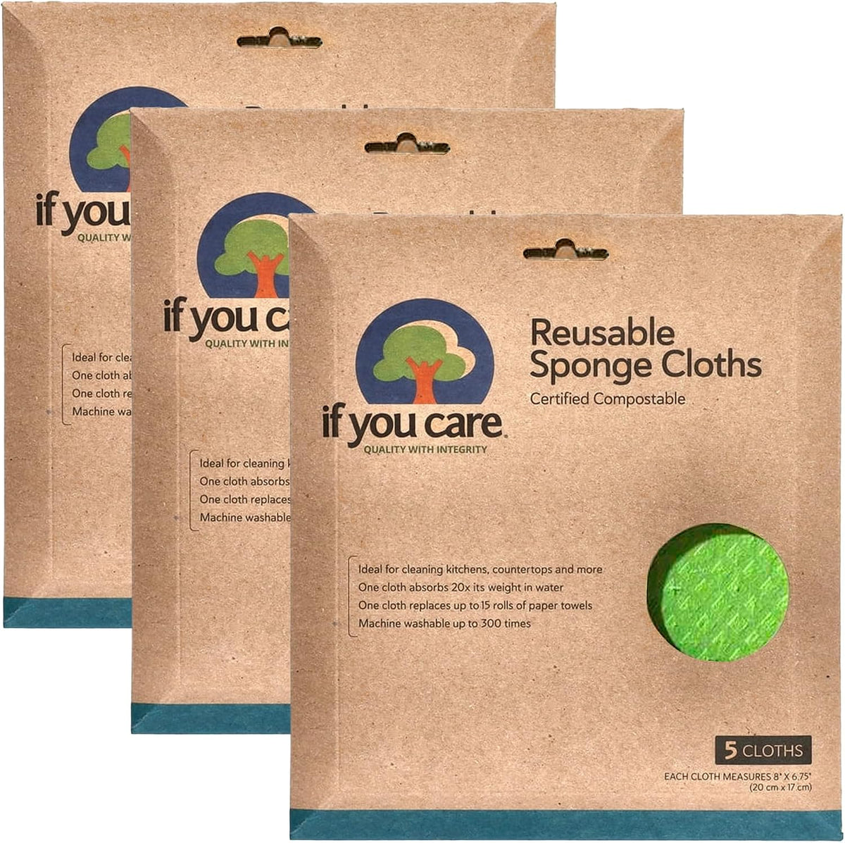 Sponge Cloths – 5 Count – 100% Natural Cleaning Rags for Kitchen, Bathroom, Home Countertop Surfaces – Absorbent, Reusable, Machine Washable, Compostable (Pack of 3)