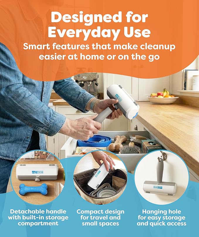 Triton Pet Hair Removal Tool w/Fur Trapping Compartment and Detachable Handle, 60% Smaller Storage Size, Reusable Shedding Roller, Cat and Dog Hair Remover for Car, Furniture, Carpet (Gray/White)