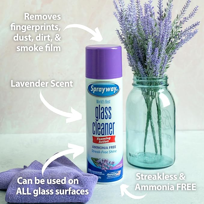 Sprayway Glass Cleaner Lavender Scent Foaming Aerosol Spray, 19oz, Ammonia-Free, Streakless, Fast-Acting | Cleans & Polishes Glass Surfaces | Removes Fingerprints, Dust, Dirt, 6 Count (Pack of 2)