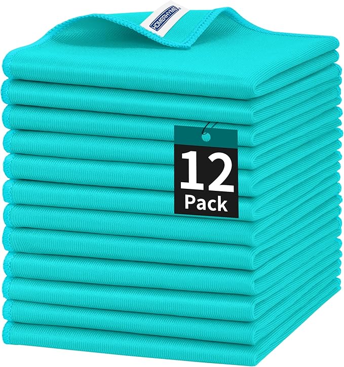 Microfiber Cleaning Cloth, 12 Pack Window Glasses Cleaning Cloth, Reusable Lint-Free Streak Free Polishing Cloth Wipes for Stainless Steel, Eyeglass, Mirror, Screen & Lense, Turquoise