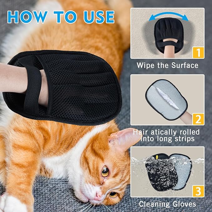 Pet Hair Removal Glove for Dogs & Cats, Reusable Magic Brush Pet Hair Remover Tool for Clothes, Couch, Furniture, Bed (Black & Pack of 2)