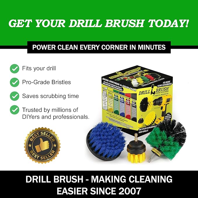 Drillbrush Medium Drill Brush Attachments for Cleaning Tile, Grout, Dishes, Pots, Pans, Air Fryers, and Boat Hulls - Cordless Power Spin Scrubber Drill Attachment - Electric Dish Scrubber Spin Brushes