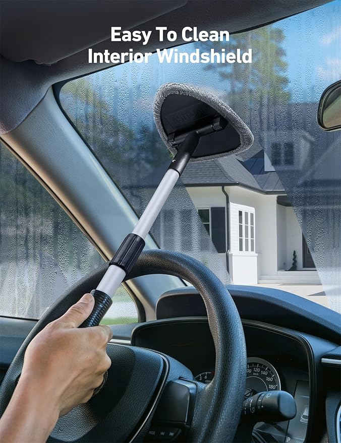 AstroAI 21" Windshield Cleaner Tool, Car Interior Detailing Cleaning Kit with Extendable Handle and 4 Upgraded High-Density Reusable Microfiber Pads, Auto Glass Wiper Brush Kit for Cars, Gray, 2 Pack