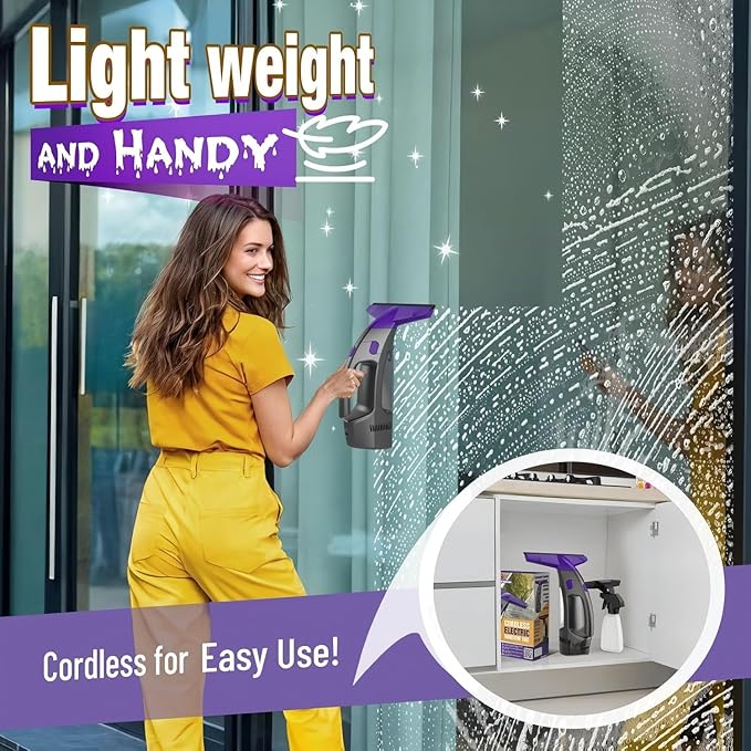 Window Vacuum Squeegee Cordless, 2000Pa Electric Window Cleaner with Power Blade, Vacuum Squeegee for Window Cleaning, Streak-Free Window Vacuum with 360ml Spray Bottle for Windows, Mirrors, Tiles