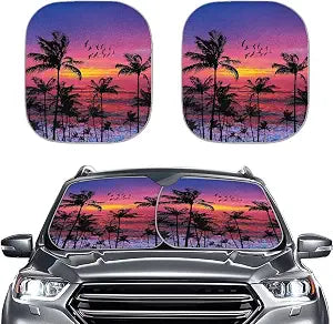 Hawaii Sunset Car Front Window Sunshades Set of 2 Beach Palms Car Sun Shield Folding Front Window Sun Shade Cover Automo