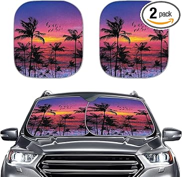 Hawaii Sunset Car Front Window Sunshades Set of 2 Beach Palms Car Sun Shield Folding Front Window Sun Shade Cover Automo