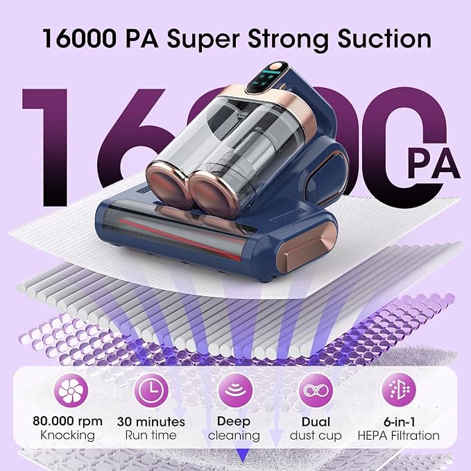 Bed Mattress Vacuum Cleaner Cordless 16Kpa Handheld Vacuum, Vacuum Cleaner with 253.7nm UV-C Light,HEPA Filter & Ultrasonic, Portable Vacuums for Sofa Couch Crib Birthday Gifts for women blue+gold