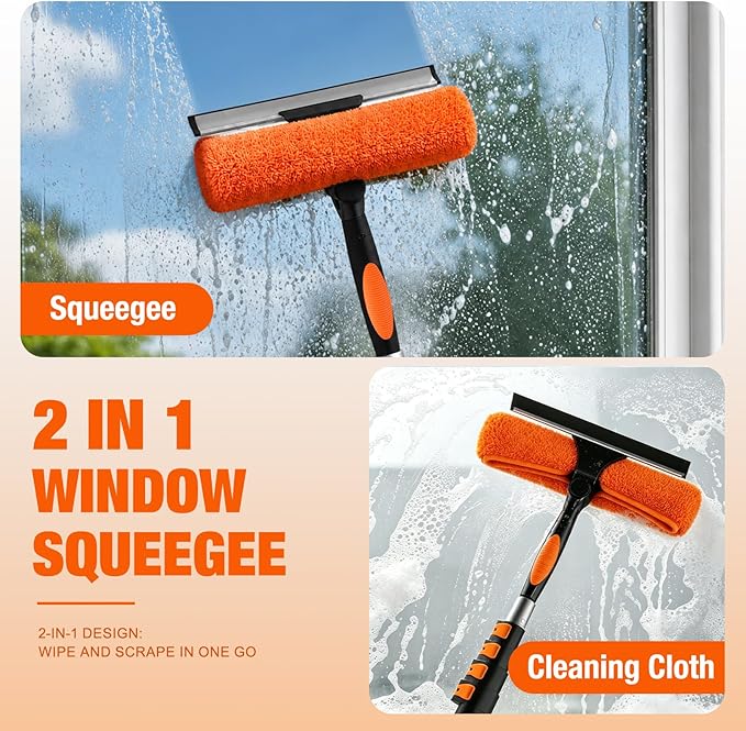 LAANPOLE 20FT Window Squeegee with Extension Pole, 2-in-1 Squeegee for Window Cleaning, Professional Cleaning Kit for Home with 12FT Telescoping Pole for Outdoor Indoor Use