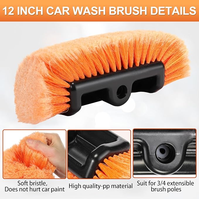 Tanlade 2 Pcs Car Wash Brush Head with Soft Detailing Bristle Flow Thru Car Cleaning Brush Exterior Wash Equipment for Auto Truck RV Boat Camper(12 Inch,Orange)