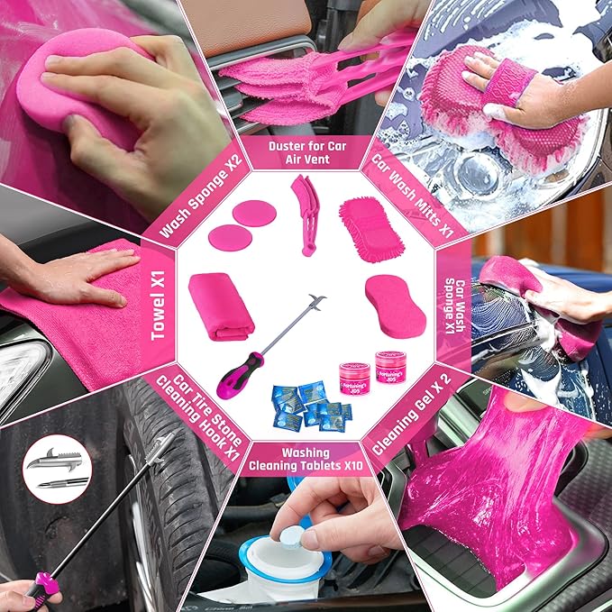 34PCS Car Detailing Brush Set, Car Detailing Kit, Car Detailing Brushes, Car Cleaning Kit, Professional Car Care kit - Car Wash Brush kit for Interior Exterior Wheels, Pink Car Accessories for Women