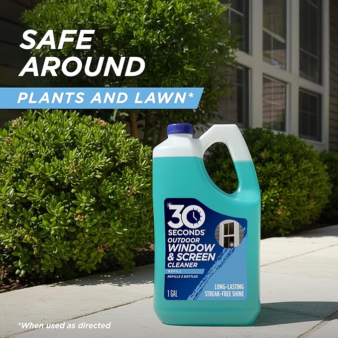30 SECONDS Outdoor Window & Screen Concentrated Cleaner for Glass, Patio Doors, Fiberglass, Furniture - No Screen Removal Required, Spray & Rinse - Refill for Hose End Sprayer Bottles, 1.1 Gallon