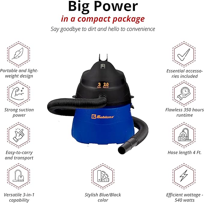 Koblenz Wet Dry Vacuum Cleaner, 3 Gallon 2.0 PHP, Twist-N-Lock Hose, Small Shop Vac, Portable Shop Vac for Home Car Garage Workshop, 10 ft Reach, Accessories Included, Blue/Black, WD-353L