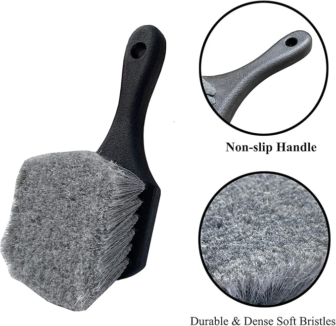 Wheel & Tire Brush for Car Rim, Soft Bristle Car Wash Brush, Cleans Tires & Releases Dirt and Road Grime, Short Handle for Easy Scrubbing Black