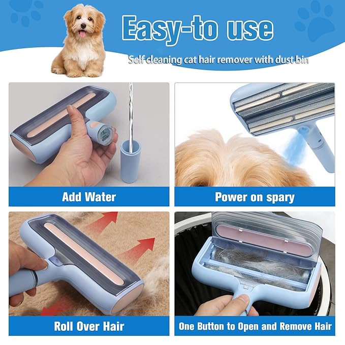 Pet Hair Remover Lint Rollers for Pet Hair Extra Sticky with Water Spray,Reusable 2-in-1 Dog Cat Hair Removal Tool for Furniture,Couch,Carpet,Bedding,and Clothes - Includes 4 Brushes