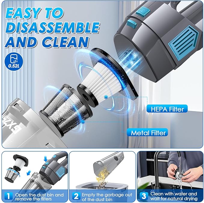 Gxzsk Handheld Vacuum Cordless, 15000PA Strong Suction Hand Held Car Vacuum Cleaner Rechargeable, Portable Hand Vacuum with Multi-Nozzles & Washable Filter for Home Office, Car, Pets