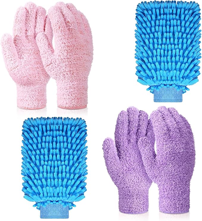 Potchen 6 Pcs Microfiber Dusting Mitt Gloves for Plants Washable Dusting Gloves for House Cleaning Furniture Car Washing