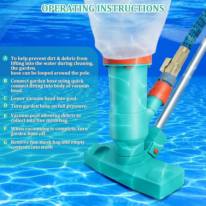 Premium Pool Vacuum Jet Underwater Cleaner, 3 Scrub Brushes, 2 Fine Mesh Bags, 6 Section Telescopic Pole of 56.5" and Handle - for Above Ground Pools,Spas & Ponds
