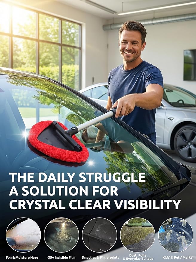 TAKAVU Windshield Window Cleaner Tool, Extendable Long-Reach Handle, Unique Pivoting Triangular Head, 3 Washable Reusable Microfiber Bonnets, Car & Home Inside Interior Exterior Use - Lint Free (Red)
