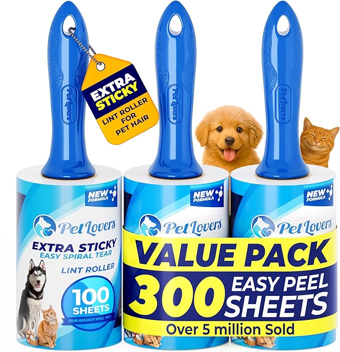 PetLovers Extra Sticky Lint Roller Value Set 300 Sheets for Pet Hair Removal, Dog and Cat Lint Remover 3 Pack