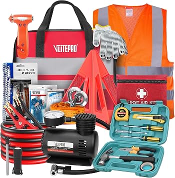 Roadside Emergency Car Kit for Vehicles, Car Emergency Kit with Jumper Cables, Air Compressor, First Aid Kit, Car Safety
