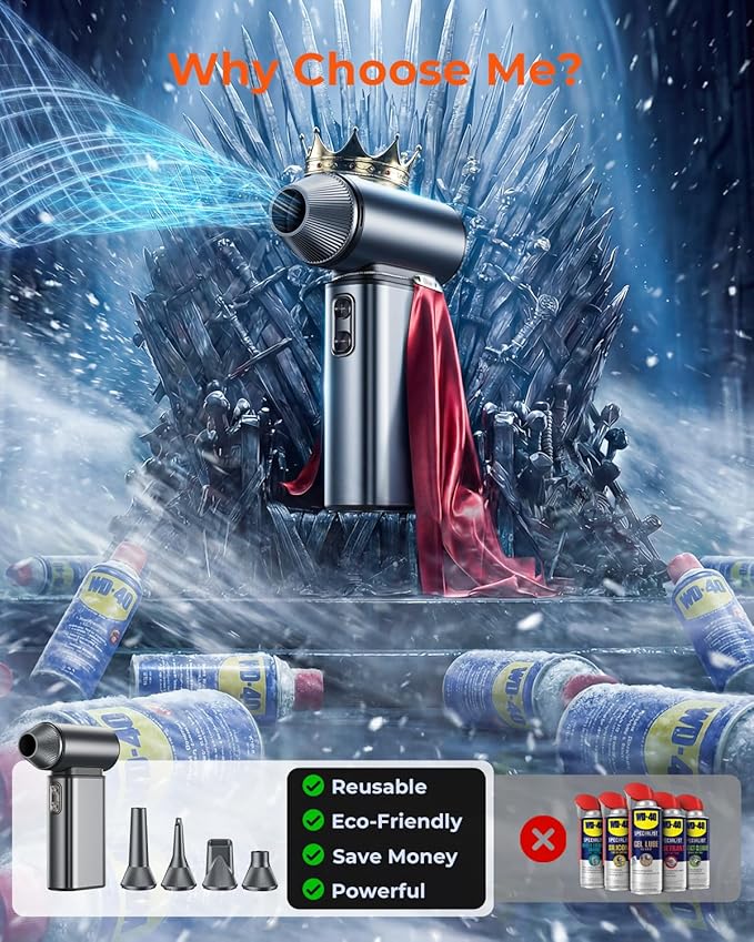 Compressed Air Duster, 150,000RPM Super Power Electric Air Duster, 6 Gears Adjustable Rechargeable Cordless Mini Air Blower for Keyboard Computer Car Home Cleaning, Replaces Compressed Air Cans