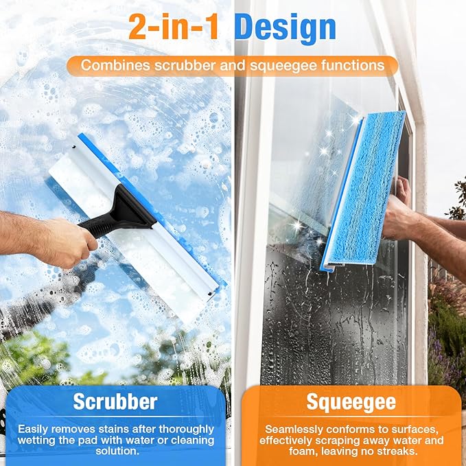 Window Squeegee for Home Window Cleaning – Squeegee and Microfiber Window Scrubber, Glass Squeegee for Shower Glass Door,Mirror,Car Windshield,Bathroom,Household Window Cleaner Tool,13.8",Blue