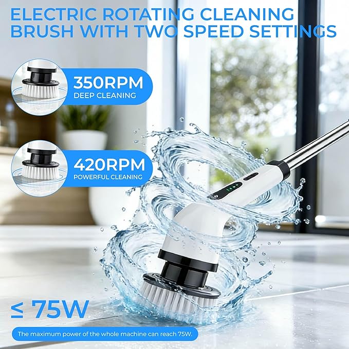 Electric Cleaning Brush, Rechargeable Power Scrubber with 6 Replaceable Brush Heads and Extendable Handle, Multi-Surface Cleaner for Bathroom, Kitchen, Floor, Grout, Car, Windows