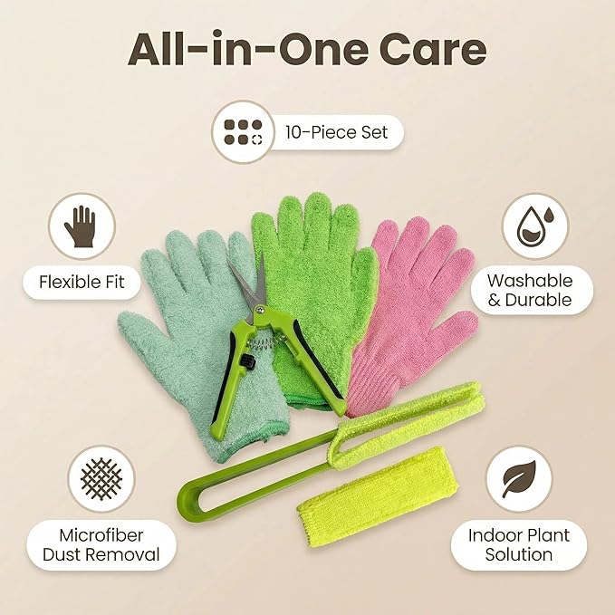 Microfiber Gloves for Plant Dusting,10 Pack Plants Cleaning Set with Leaf Cleaner Tong with Separate Cloth Covers and Garden Shear for Indoor Outdoor Garden Plant Shiny Leaves