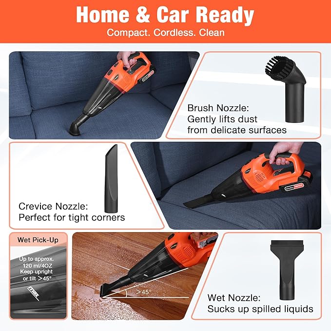 ValueMax Cordless Handheld Vacuum, Portable Vacuum Cleaner Dry/Wet Suction with 20V Rechargeable Battery and Multi-Nozzles for Car, Home and Pet Hair Cleaning(Battery Included)