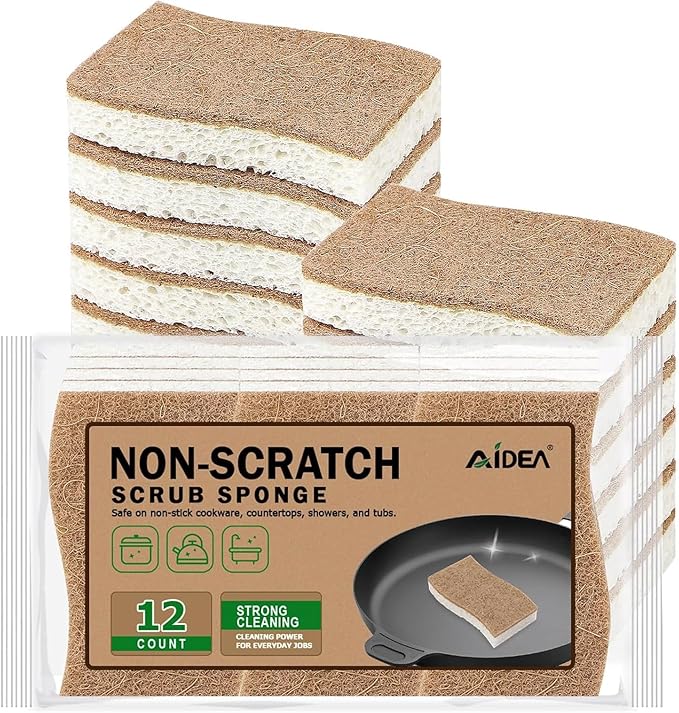 AIDEA Sponges Non Scratch, 12Count, Natural Sponge for Non Stick Cookware, Sponges Kitchen, Cellulose Scrub Sponge for Dishes, Cleaning Power for Kitchen, Bathroom, Household