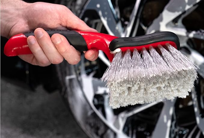 Mothers Car Wash Brush, Wheel and Fender Brush, Short Handle Tire Cleaner for Car Detailing, 10 Inch, Red/Black