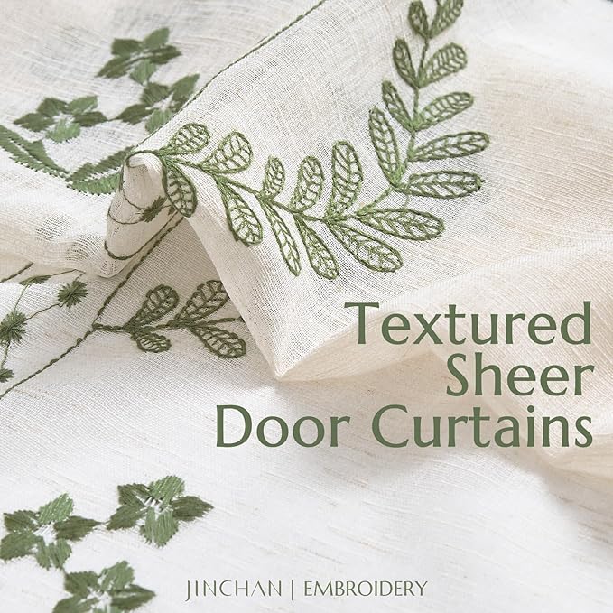 jinchan Belrose Sheer French Door Curtain Embroidered Farmhouse Linen Curtain for Patio Light Filtering Door Window Closet 72 Inches 1 Panel Green on Beige