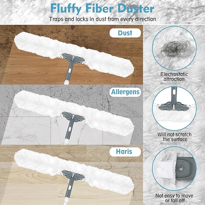 CLDREAM Microfiber Duster with Extension Pole,Ceiling Fan Cleaner Duster with 60" Long Handle,Long Dusters for Cleaning Ceiling Fan, High Ceiling,Wall,Blinds,Furniture,Adjustable Head,White