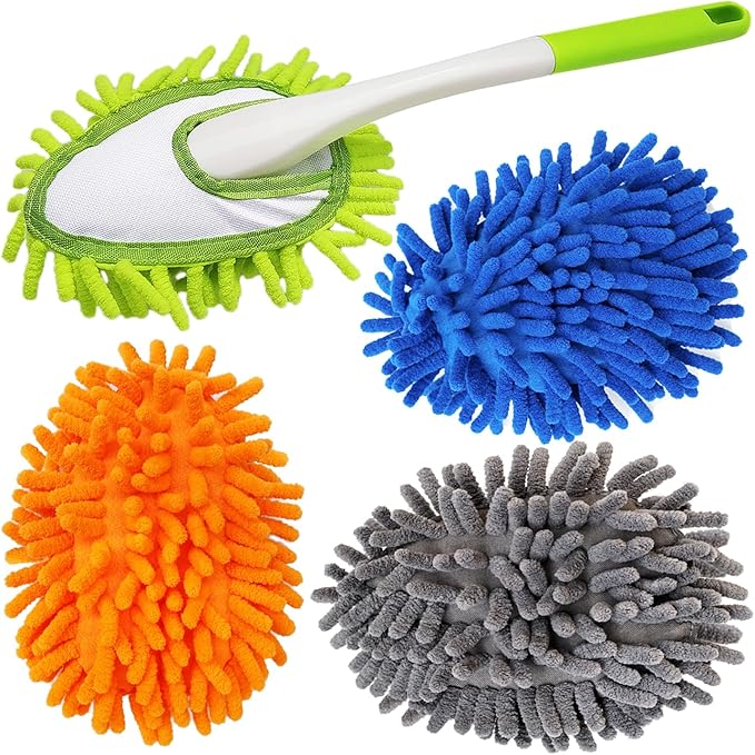 Microfiber Feather Duster,13 Inch Length, with 4 pcs Washable Cloth, Car Duster, Perfect for Cleaning Windows, Tables, Cars,Furniture, Keyboards, Fans, Screens,Mirrors