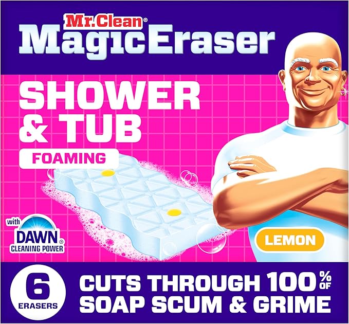 Mr. Clean Magic Eraser Sponge, Bathroom, Shower, Tub Cleaner, Soap Scum Remover, Bathroom Cleaning Supplies, Dawn Cleaning Power with Lemon Scent, Shower & Tub, 6ct