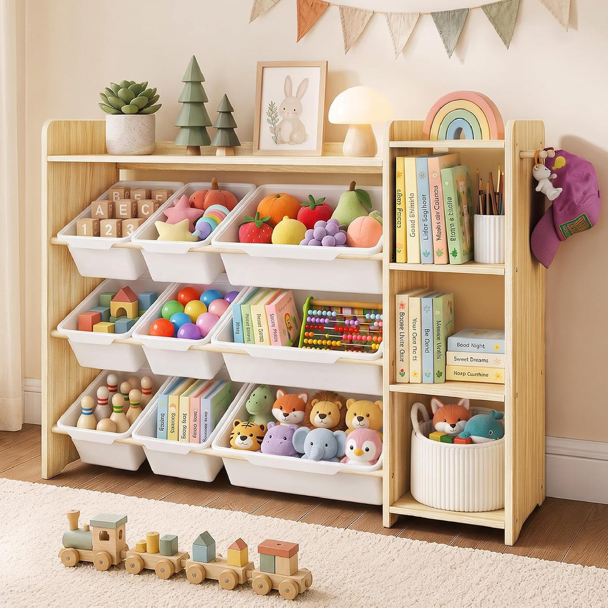 Kids Toy Storage Organizer, Wooden Shelf with 3 Tiers and 9 Storage Bins, Nursery Room Organizer for Books and Toys, White and Natural Wood