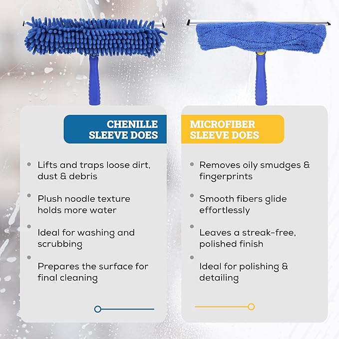 Kleen Handler 2-in-1 Window Squeegee Cleaning Combo, Glass Cleaner Tool for Commercial and Residential Use, 2 Reusable 12” Sleeves and 14” Blade